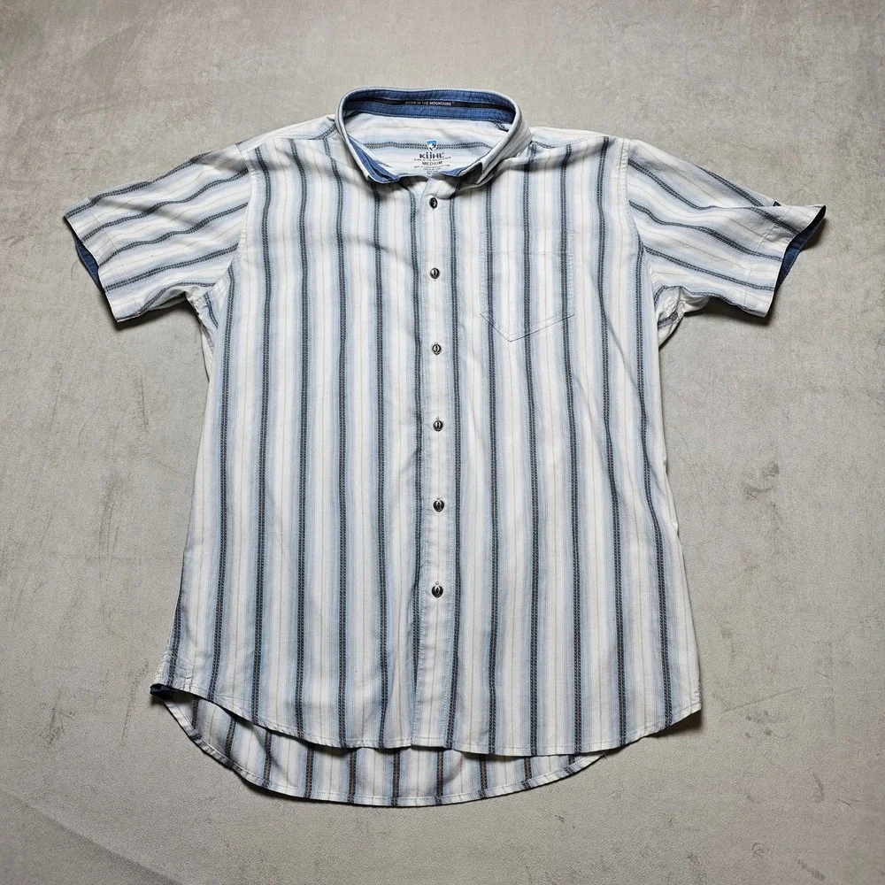 Kuhl Mens Medium Blue Striped Short Sleeve Button Down Shirt S6L Hiking Outdoor‎